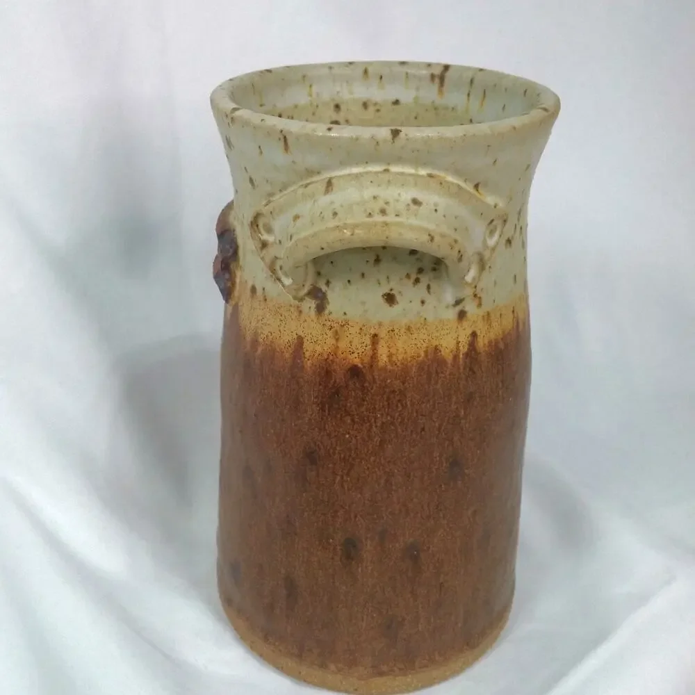 Earthenware Artisan Made Utensil Vase Handles Rustic Earthy Pottery Crock Flower